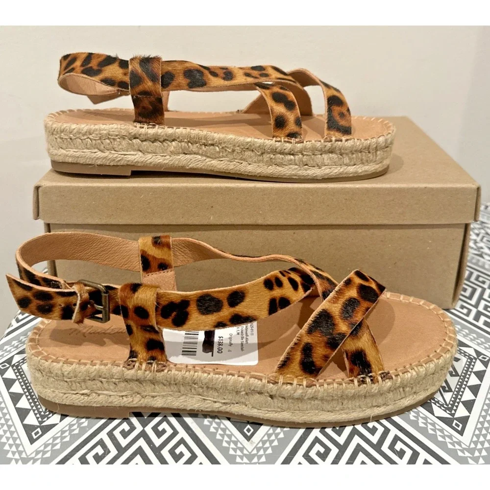 Madewell Size 8.5 Malia Asymmetrical Espadrille Sandal Truffle Leopard Calf Hair